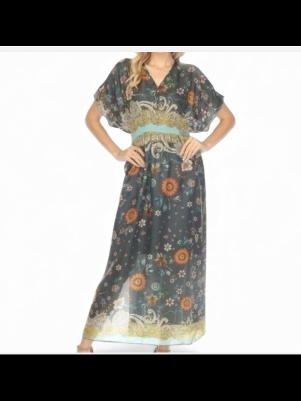 Johnny Was 100% SILK Teal Dress with Orange Sunflowers. Size L - Picture 6 of 7